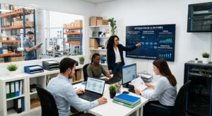 Equipo de una pyme analizando datos en pantallas durante un proyecto de integración de IA